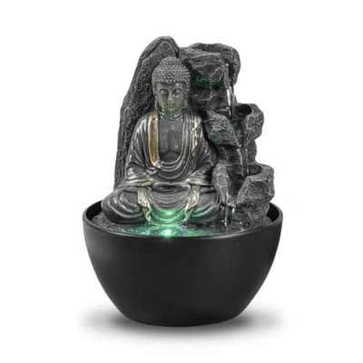 Afbeelding van Ontspannende Boeddha kamerfontein watervalfontein Zen Feng Shui decoratie slim en nuttig cadeau idee voor lage prijs tafelfontein met ledlicht H 18 cm Revata Zen&#039;Light