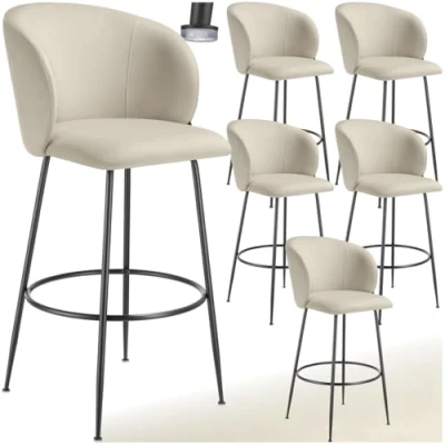 Afbeelding van tectake® Set van 6 Barkrukken Gestoffeerde Barkruk met rugleuning Barstoelen Barstoel voetensteun Eetkamerstoel fluwelen bekleding Stevige stalen poten antislip vloerbescherming Crème/zwart