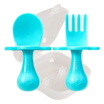 Afbeelding van Grabease Peuterhulpmiddelen Baby en peuterlepels vorken, BPA vrij ftalaatvrij, 1 set, blauwgroen