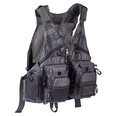 Afbeelding van Bassdash visvest met verstelbare riem voor dames en heren, vliegvissen, bar, vissen outdooractiviteiten, grijs.