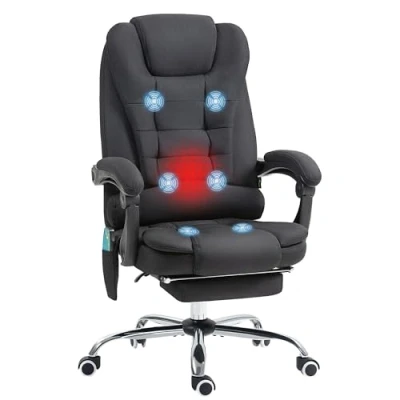 Afbeelding van Vinsetto Massage en verwarmde bureaustoel, ergonomische stoel met verstelbare hoogte, rugleuning afstandsbediening, bekabeld, 360 graden draaibaar, linnen, zwart