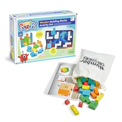Afbeelding van Learning Resources Numberblocks Set met 20 activiteiten, 28 delen van hout, bouw figuren één tot vijf, leren cijfers en tellen, opbergtas, educatief speelgoed, leeftijden 3 4 +