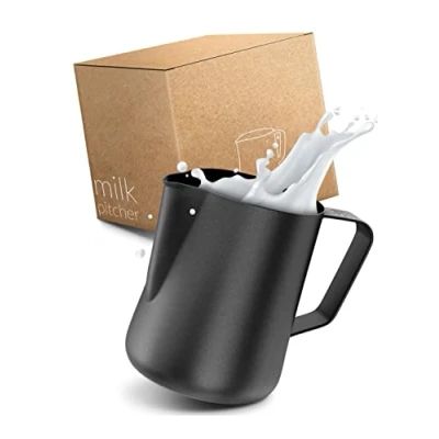 Afbeelding van Coffee Barista Espresso kannetje, roestvrij staal, 150 ml, espressokan, zwart antraciet, voor het gieten van espresso, melkkannetje klein, zeefhouder accessoires