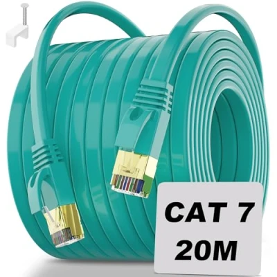 Afbeelding van Soibke 20 m ethernetkabel, Cat7, netwerkkabel, hoge snelheid, 10 Gbit/s, 600 MHz, RJ45, plat, internetkabel, Gigabit LAN, afgeschermd, FTP, voor buiten, binnen, 32 AWG, patchkabel