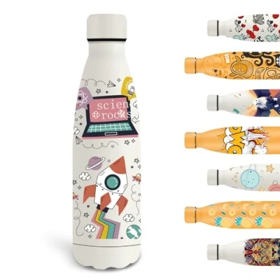 Image de Grsta bouteille isotherme 500 ml d&#039;eau personnalisée avec motif fusée, en métal sans perte pour enfants, acier, isolé sous vide, école, bureau, voyage, blanc