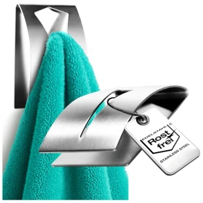 Afbeelding van COM FOUR® 2 x zelfklevende handdoekhaken handdoekhouder van roestvrij staal 304 handdoekklem zonder boren voor badkamer en keuken (2 stuks)