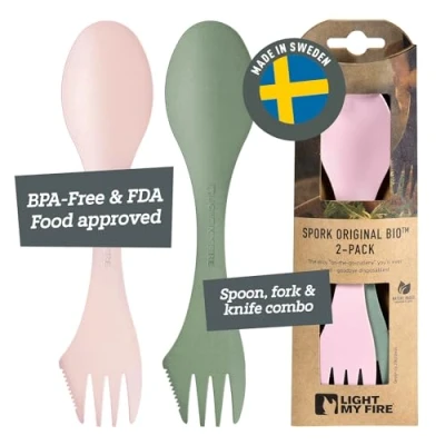 Afbeelding van Light My Fire Spork Original campinglepelvork 3 in 1 campingbestek herbruikbaar mes en lepelvork multifunctioneel bestek BPA vrij 2 stuks, geel/blauw