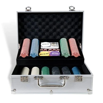 Afbeelding van CCLIFE Pokerset, 300/360/500/600 casino pokerchips met aluminium koffer, 2 sets speelkaarten, 5 dobbelstenen, 3 dealer buttons, maat: D 600 stuks, stickers.