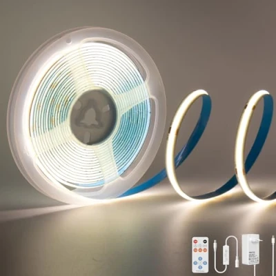 Afbeelding van PAUTIX Ledstrip, COB, natuurlijk wit, 4000 K, 3 m, 1440 leds, 24 V, CRI93, COB lichtstrip, dimbaar, met RF afstandsbediening en voeding, led, voor spiegel, plafond, keuken, kast, kast
