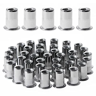 Afbeelding van Gueenky 100 stuks M6 klinkmoeren met platte kop, klinknagelmoeren schroefdraad van roestvrij staal, assortiment schroefdraadinzetstukken voor mentale kunststof (12 mm x 15 mm)
