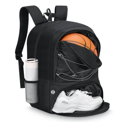 Afbeelding van MoKo Basketbalrugzak, voetbalrugzak voor heren en dames, met aparte vakken ballen schoenen, waterdicht, hekhaak, sporttas kleding, schoenen,, zwart.