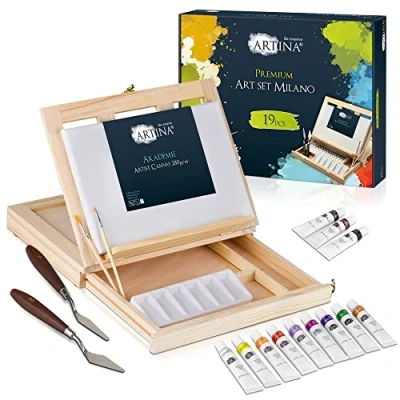 Afbeelding van Artina Tekenkoffer met Tafelezel 19 delig Tekendoos Schildersezel Tafelmodel Set incl. Schildersdoek, Acrylverf, Penselen en Mengpallet Milano