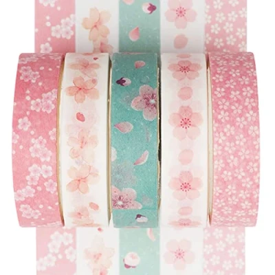 Afbeelding van YUBX 5 rollen Washi Tape Set Creatieve Basic Dunne decoratieve linten voor kunst, DIY handwerk, bullet journals, planner, scrapbooking, verpakking (Sakura)