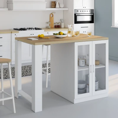 Afbeelding van LINO 120 cm 2 persoons centraal eiland in wit hout met werkblad beukeneffect en glazen deuren