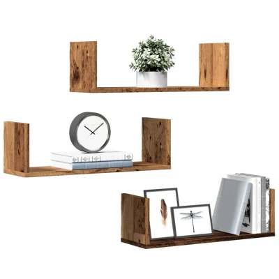 Afbeelding van Wandschappen 3 st 58x18x18 cm bewerkt hout oud houtkleurig