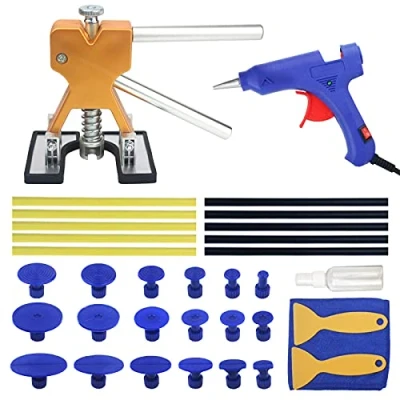 Afbeelding van Tosucs Uitdeukgereedschap zonder verf, uitdeukset, carrosserie, 34 stuks, met lijmpistool, gouden tandtrekker, voor auto, koelkast, motorfiets, lichaam, deur (goud)