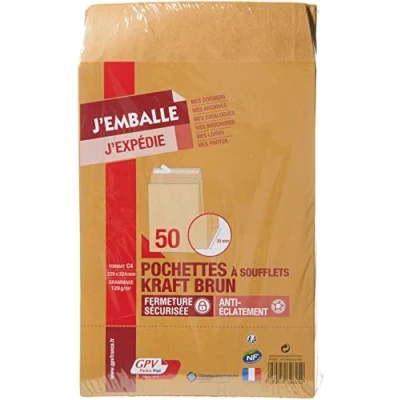 Afbeelding van GPV set van 50 zelfklevende bruine kraft zakken formaat C4 229 x 324 mm vouwgat 30 120 g