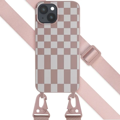 Afbeelding van Selencia hoesje Geschikt voor iPhone 15 Plus met koord Siliconen design afneembaar Roze / Irregular Check Sand Pink