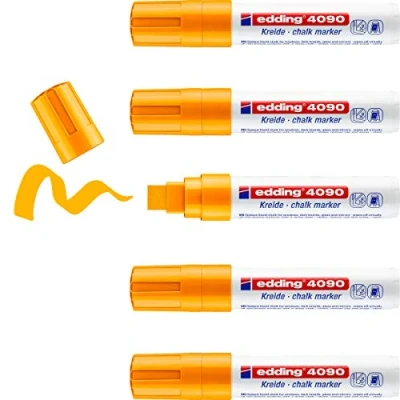 Afbeelding van Edding 4090 vloeibare krijtmarker, fluorescerend, oranje, 5 vloeibaar krijt, 4 15 mm, afwasbare krijtstift om op schijven, glas, leisteen, krijtstift, in dekkende kleuren