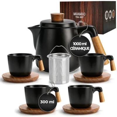 Afbeelding van Miamio 1000 ml keramische theepot set met thee ei en kopjes/theezeef, 4 mokken (300 ml), bamboe schotels/handvat voor thuis kantoor (Zwarte)