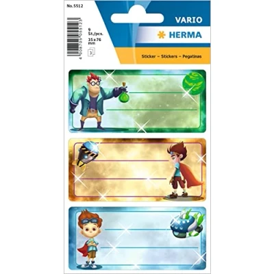 Afbeelding van HERMA 5512 Superhelden boeketiketten (76 x 35 mm, 9 naamstickers, mat papier), zelfklevend, permanent, voor boeken, notitieboeken, dozen, huishouden, meerkleurig