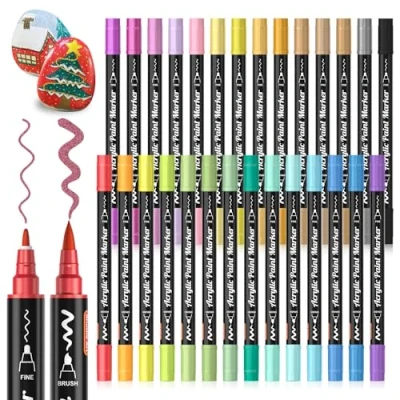Afbeelding van Shuttle Art Acrylverfstiften, set van 28 metallic verfstiften met dubbele fijne punt, voor schilderen op steen, keramiek, hout, stof, kinderen en volwassenen, Kerstmis