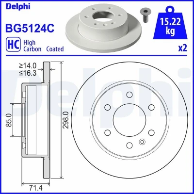 Afbeelding van DELPHI BG5124C Remschijf 298 16 6 volledig Gecoat High carbon Zonder wiellager, ABS sensorring MERCEDES BENZ: Sprinter 3.5 t Tourer