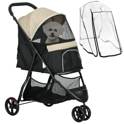 Afbeelding van PawHut poussette 2 en 1 pour chien et chat avec protection contre la pluie pliable chiens chats jusqu&#039;à 10 kg coussin, fenêtres filet, portes, panier de rangement, chat,