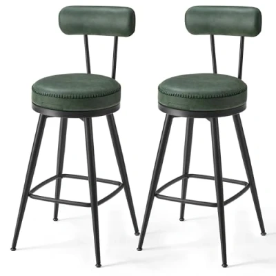 Afbeelding van VASAGLE EKHO LBC089C01 Barkruk, 360 graden draaibaar, 2 stuks, kruk met rugleuning voor keukeneiland, kunstleer stiksels, hoogte 65 cm, keuken, bar, bosgroen