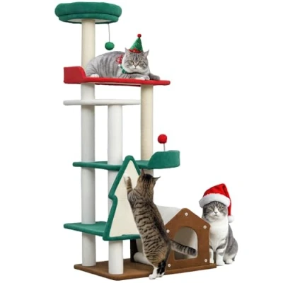 Afbeelding van PawHut Arbre à chat aux couleurs de Noël 135 cm avec 6 niveaux, griffoir grotte, balle jeu, piliers griffer en sisal, pour 1 2 chats jusqu&#039;à 5 kg, multicolore