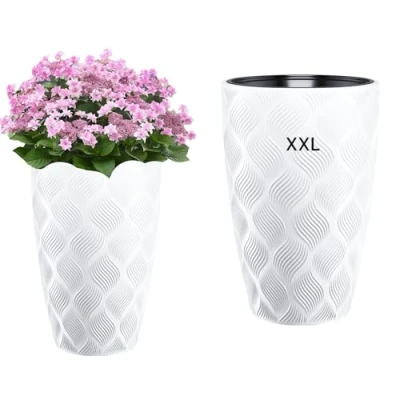 Afbeelding van Decoratieve bloempot met uitneembaar inzetstuk, rond, 3D effect, maat XXL, wit