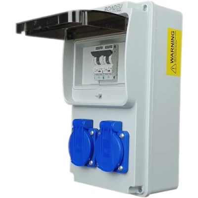 Afbeelding van RoadEu Stroomverdeler 230V 2x stopcontacten met schakelaar Stopcontactverdeler C 16A stroomonderbreker bekabeld, bouwstroomverdeler voor binnen en buiten IP44