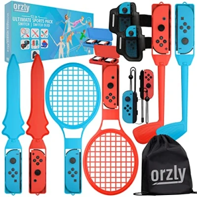 Afbeelding van Orzly Switch Sports Pack Accessoirebundel voor Nintendo &amp; OLED sportgames met tennisrackets, golfclubs, Chambara zwaarden, voetbalbeenriemen en joystickgrepen draagtas