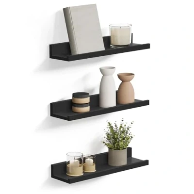 Afbeelding van Wandrek, 3 delige set, zwevende plank, 38 cm breed, rek voor fotolijsten en decoraties, woonkamer, werkkamer, badkamer, keuken, hoogglans zwart LWS038B01