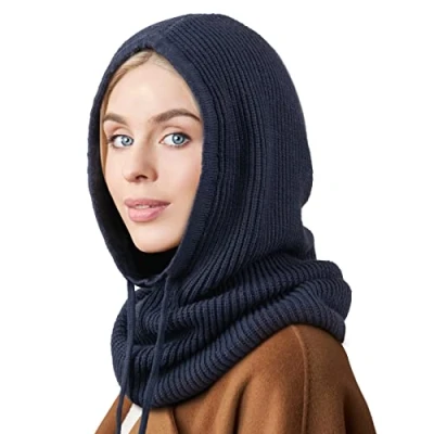 Afbeelding van DRESHOW Winterhoeden voor dames, balaclava gebreide beanie schedel pet met trekkoord hoed sjaal capuchon, 1 x capuchonhoed: karamel