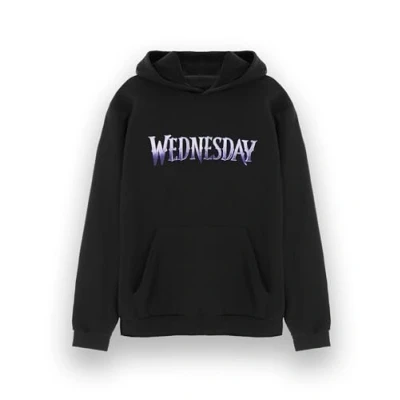Afbeelding van Wednesday Dameshoodie Addams klassieke paarse hoodie met grafisch logo in zwart Netflix Series One Merchandise voor volwassenen The Family Apparel, zwart.