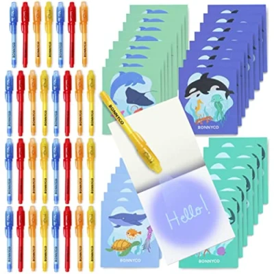 Afbeelding van BONNYCO Onzichtbare inktpennen en notitieboek, verpakking met 32 zeedieren, kleine verjaardagscadeaus voor jongens meisjes, cadeau verjaardag, kinderen, piñata speelgoed, oceaan