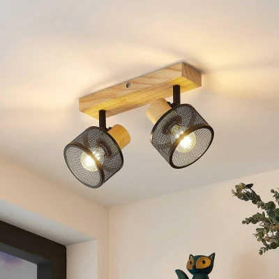 Afbeelding van Lindby buitenspot 2lichts staal, hout H: 14 cm E14 zwart, licht