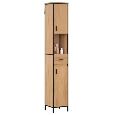 Afbeelding van EUGAD 0245WY Badkamerkast, smal, hoog, met lade, open vak, verstelbare planken, 30 x 180 cm, licht eiken zwart