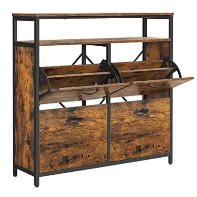 Afbeelding van VASAGLE Schoenenkast voor hal, 4 schommeldeuren, smalle schoenenopslag met scheidingswanden 12 20 paar schoenen, 98,3 x 30 95 cm, rustiek bruin en zwart LBS803B01
