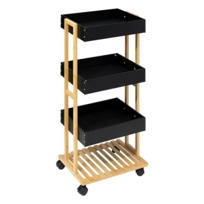 Afbeelding van 5Five Doucherekje/badkamerrekje/trolley bamboe/zwart 4 lagen 40 x 30 87 cm
