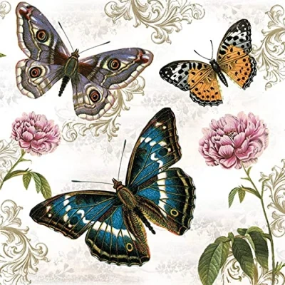 Afbeelding van 20 stuks servetten vlinders met ornamenten en bloemen dieren diermotief lente zomer Pasen tafeldecoratie 33 x cm