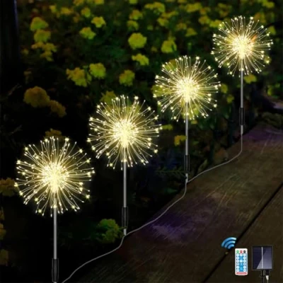 Afbeelding van Joysing Tuindecoratie op zonne energie voor buiten, 4 x 120 leds, vuurwerk met afstandsbediening, 8 modi, waterdichte zonnelampen tuin, terras, warmwit