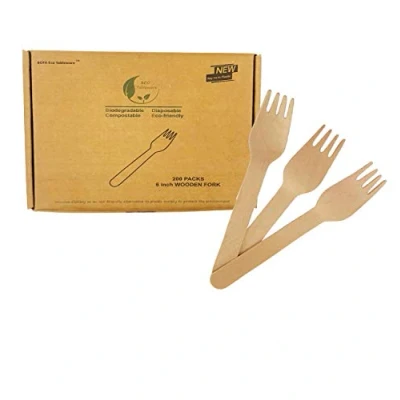 Afbeelding van 200 stuks Wegwerpvorken van natuurlijk hout, composteerbaar, 100% biologisch afbreekbaar, milieuvriendelijk, voor feestjes, vergaderingen, kamperen