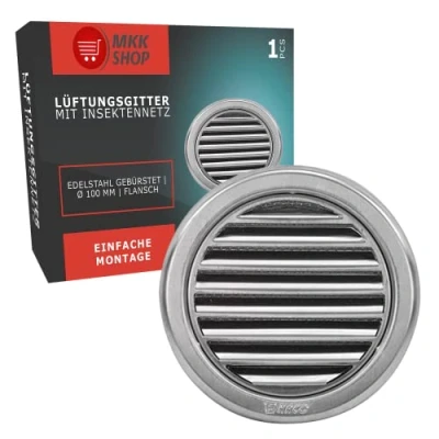 Afbeelding van Ventilatierooster, rond, lamellenrooster met muggennet, roestvrij staal, diameter 75 100 110 125 150 mm, voor garage, keuken, badkamer, Ø mm