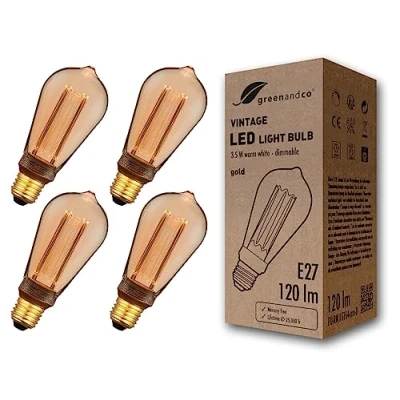 Afbeelding van greenandco Set van 4 E27 ST64 LED lampen dimbaar 3,5W 120lm 1800K goud extra warm wit 320 230V flikkervrij sfeerverlichting