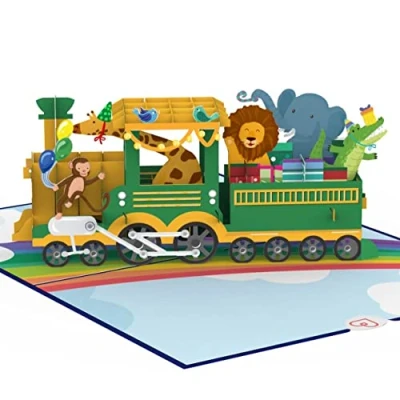 Afbeelding van papercrush® Pop up kaart spoorweg met dieren grappige 3D verjaardagskaart locomotief voor kinderen (meisjes en jongens), felicitatiekaart kinderverjaardag, goed