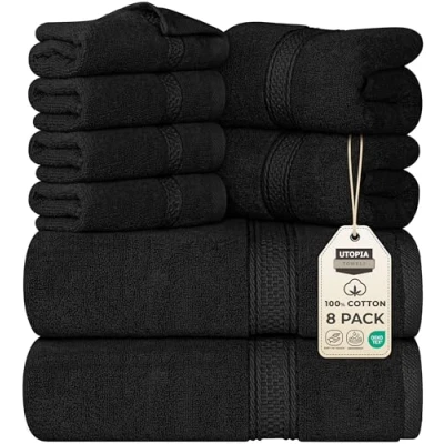 Afbeelding van Utopia handdoeken Set van 8 katoenen in hotelkwaliteit, 2 badhanddoeken, en 4 washandjes, super zacht zeer absorberend (zwart)
