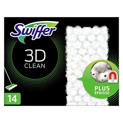 Image de Swiffer Balai Attrape Poussière 3D Clean Recharges Lingettes Sèches, 14 Nettoyantes, et Retient la