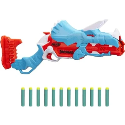 Afbeelding van Nerf DinoSquad Tricera Blaster, 3 dart lader, 12 darts, darts opslag, dinosaurus, triceratops design, F0803EU4, veelkleurig, 6,4 x 54,6 24,1 cm